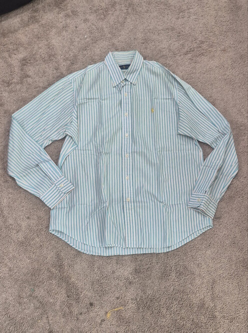 Ralph Lauren Turquoise & Cream Striped Cotton Button‑Down Shirt – Size L Slim F
